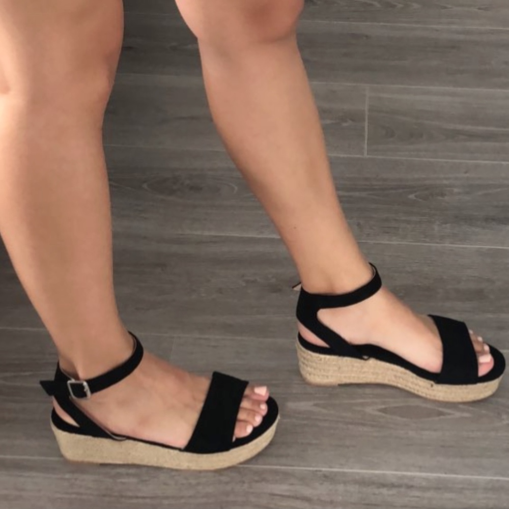 (LAST PAIR) Black Wedge Espadrille Sandals - Picture 2 of 6